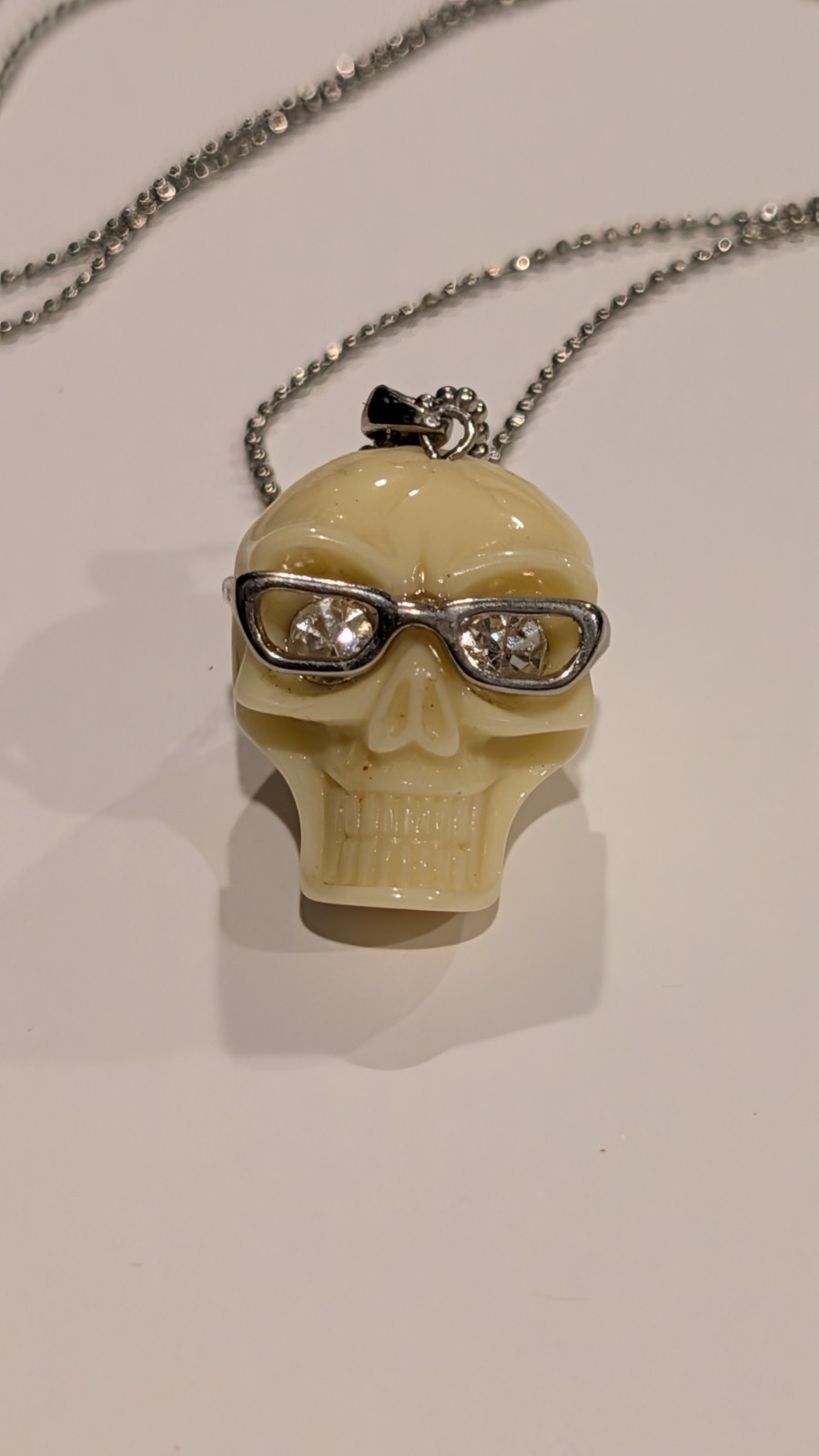 GothicIvory Skull Charm Pendant Necklace, Silvertone W/Rhinestone Eyes & Glasses