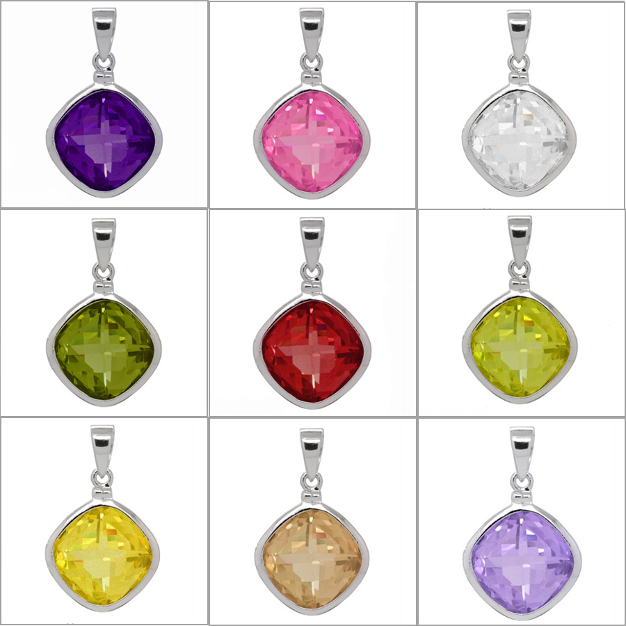 Sterling Silver Cubic Zirconia Crystal Square Rhombus Pendant Small / Medium