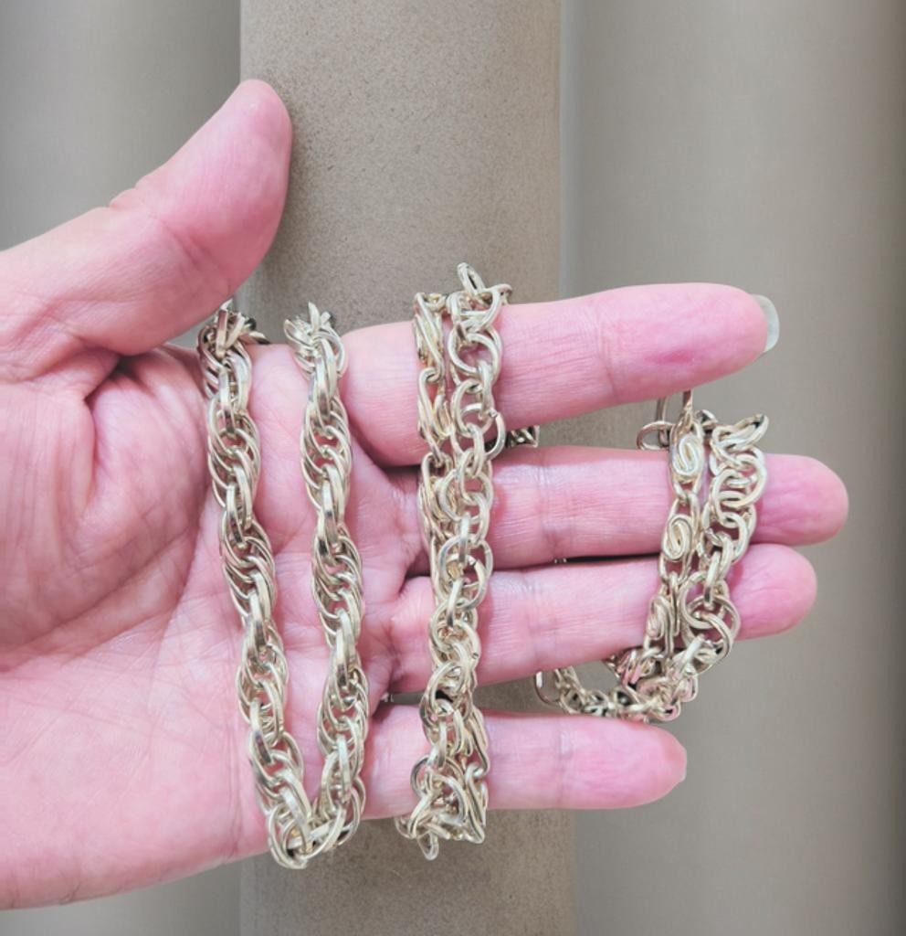 Long Thick Silver Tone Chain Necklace 35″ Double Rolo & Double Scroll Chains