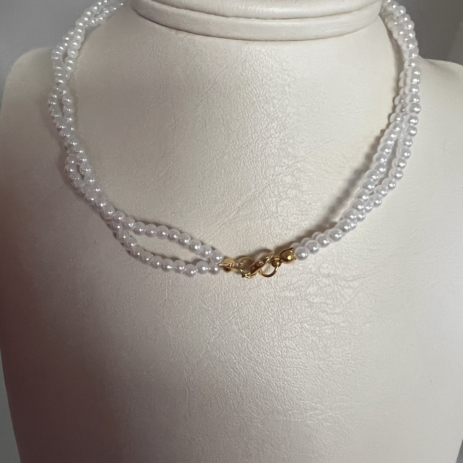 Handmade double strand white faux pearl choker necklace gold tone lobster 15