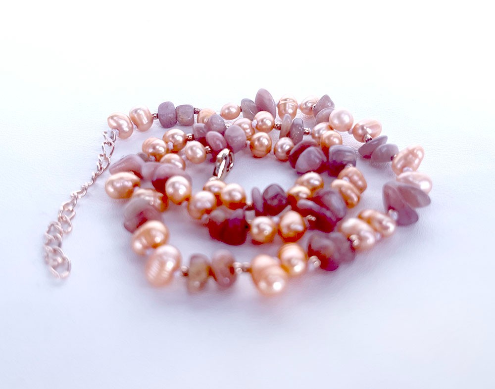5-8mm chip orange sunstone 6-7mm oval freshwater pearl necklace 15″1/2-17″1/2