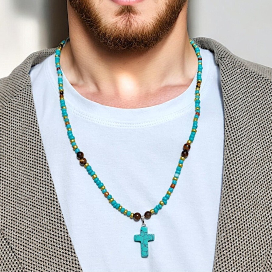 Turquoise Beaded Cross Necklace for Men Handmade Boho Jewelry Adjustable Chain