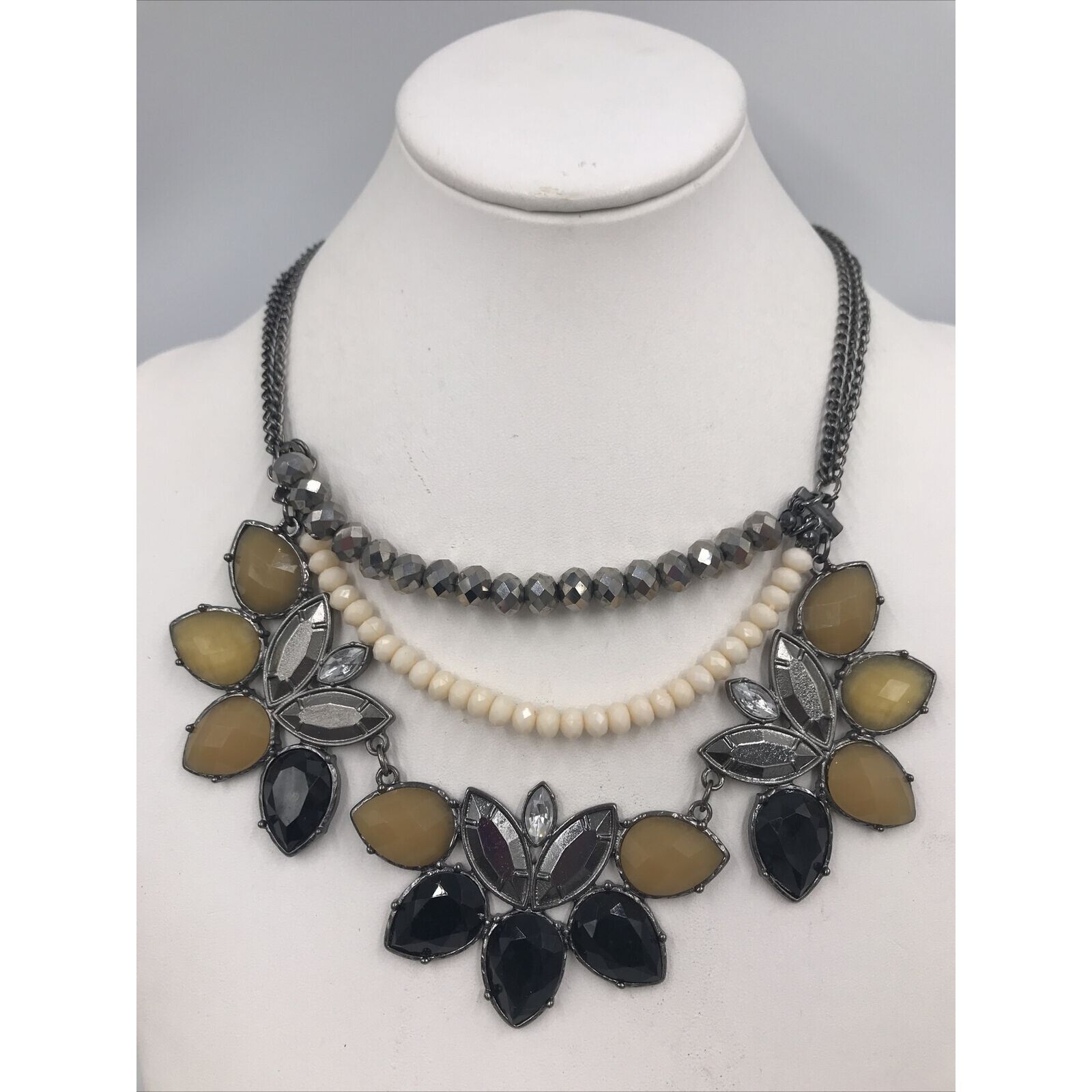 Gun Metal tone Black/Grey Cream Rhinestone Necklace 18″ Statement layer strands