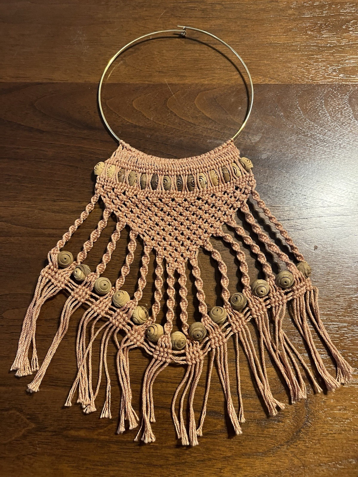 VTG Boho Macrame Bib Statement Necklace Wood Bead Fringe Collar Gold Hoop 5”