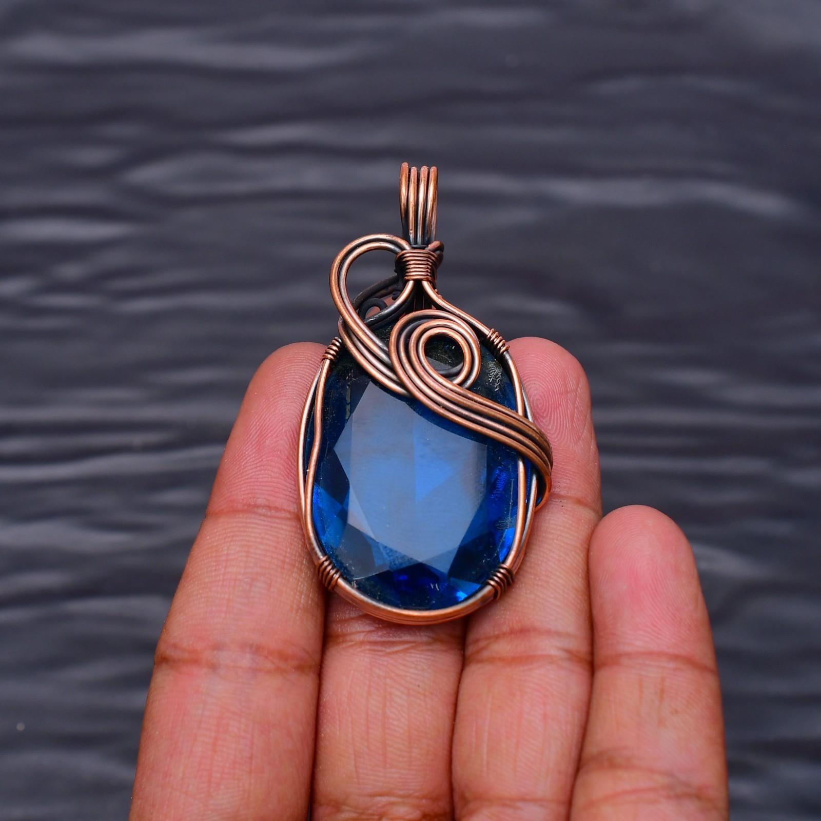 London Blue Topaz Gemstone Copper Wire Wrapped Handmade Jewelry Pendant 2.20″