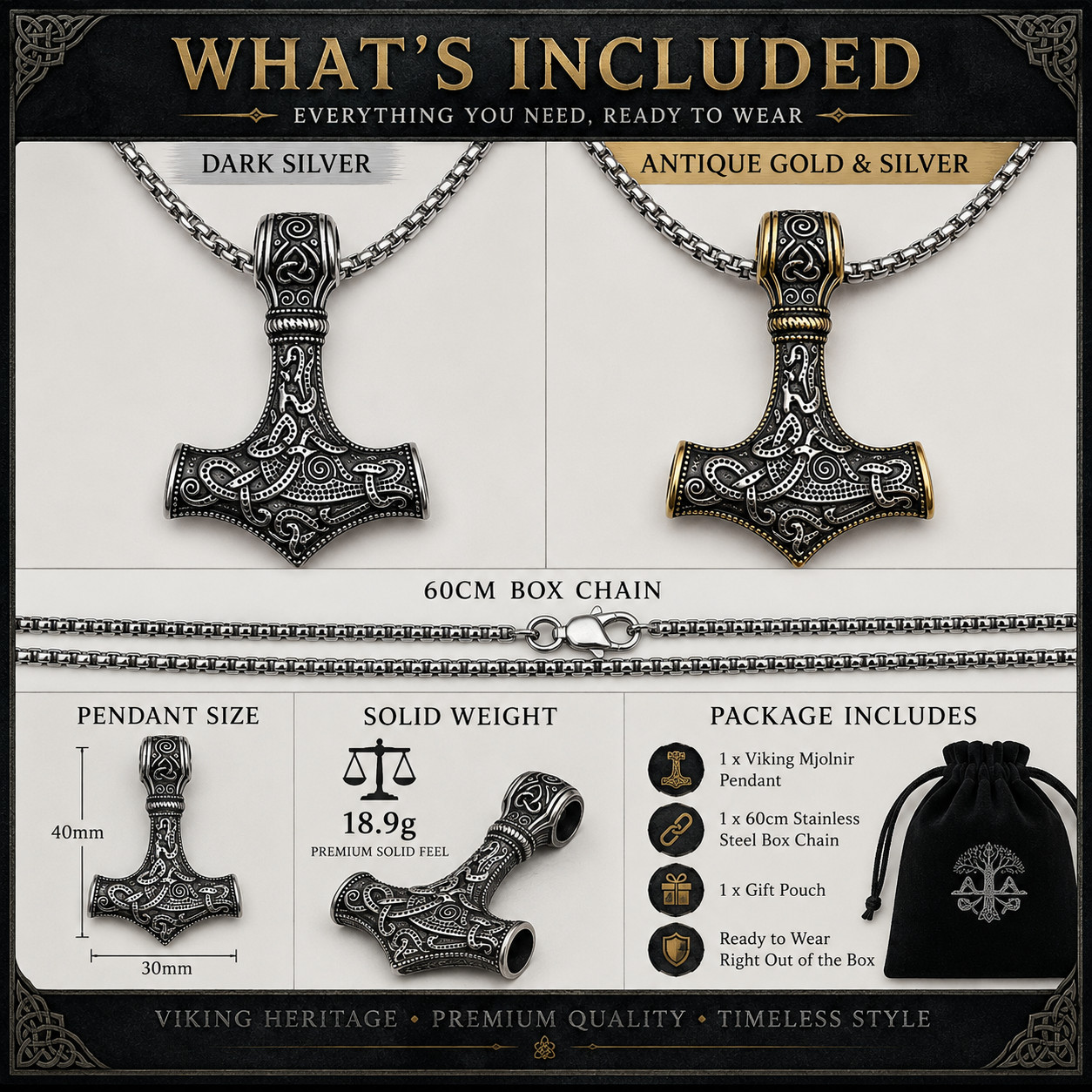 Norse Viking Mjolnir Hammer Pendant Necklace Antique Silver & Gold Celtic Chain