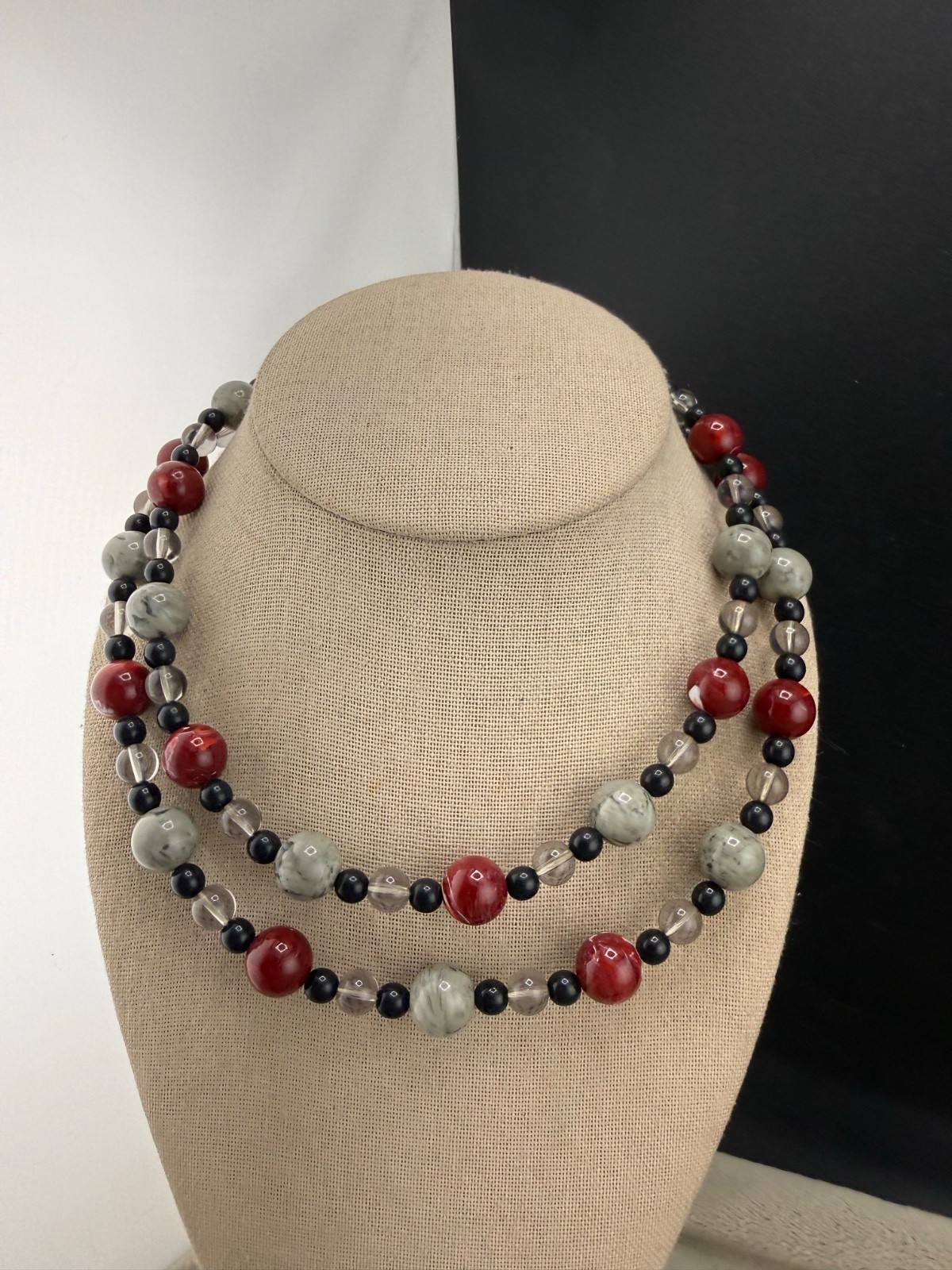 Monet Necklace Beaded Red Grey Black Signed 36”