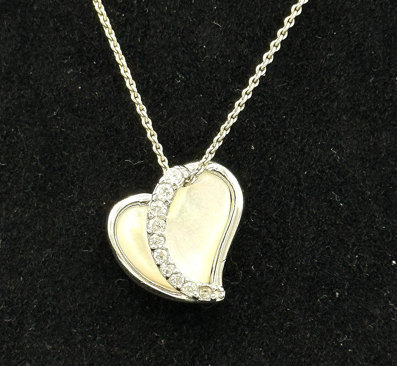 Sterling Silver MOP & CZ Heart on an 16” Italy 925 Chain Valentine