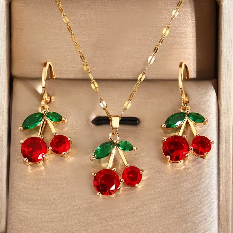 Set of Cute-style Necklace and Earrings Delicate Red Cherry Design