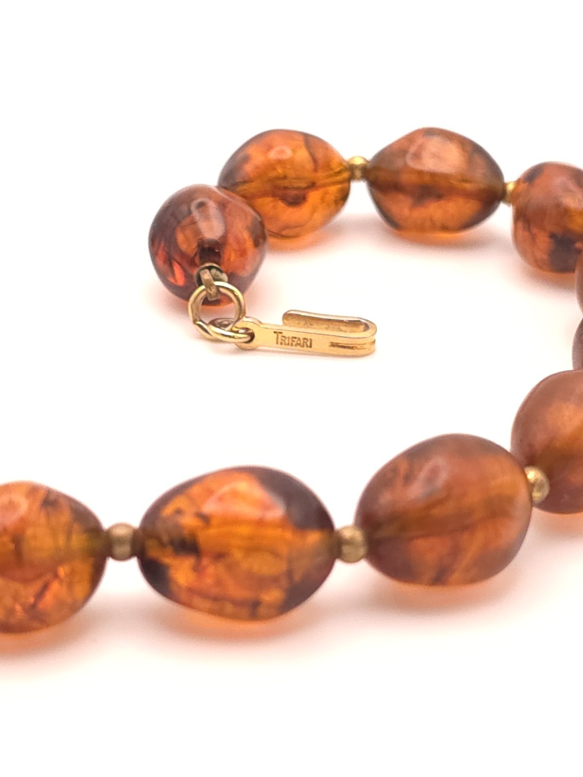 Vintage Trifari Faux Amber Lucite Beaded Choker Necklace Adjustable Hook