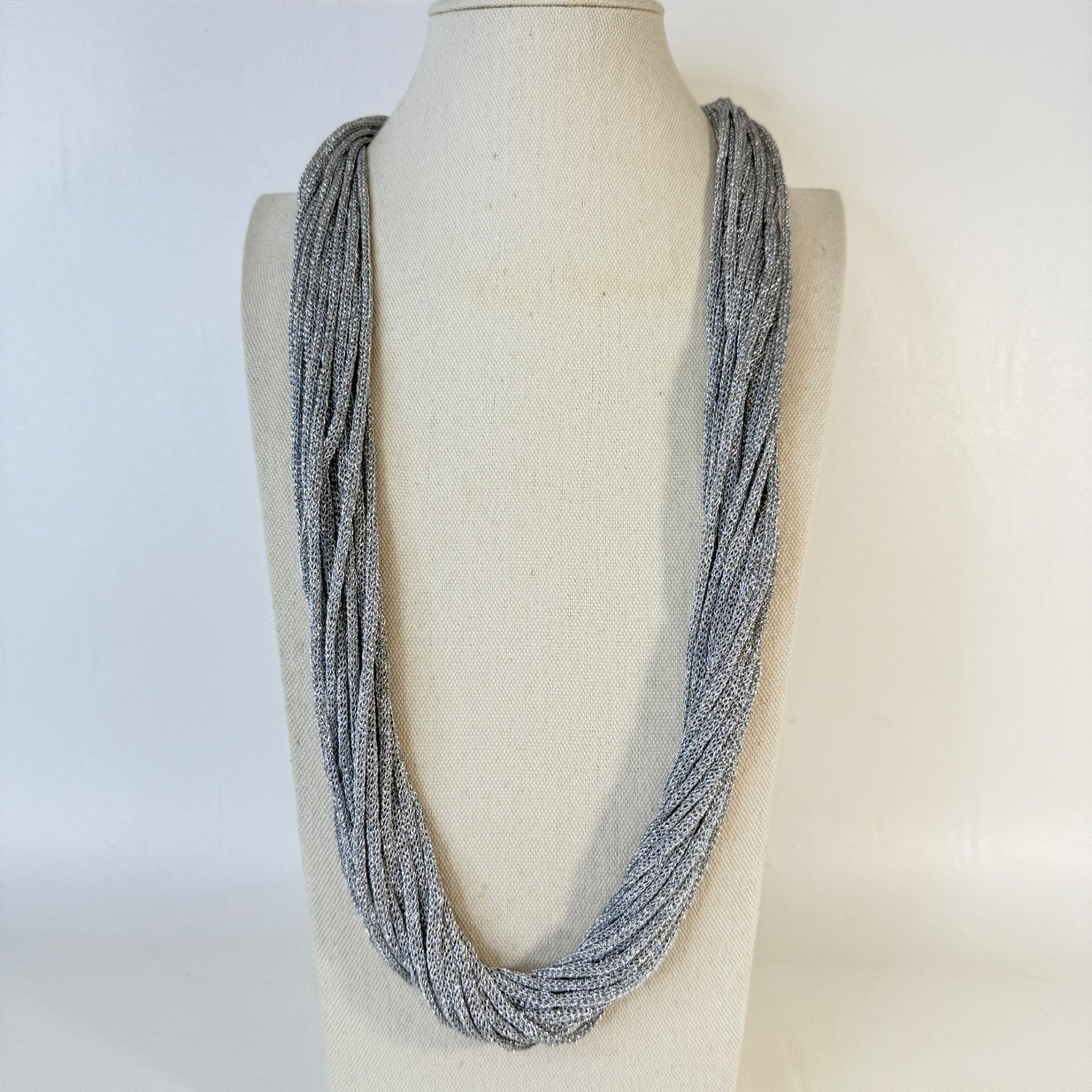 Multi Strand Metallic Cord Twist Necklace Silver Tone Long Length