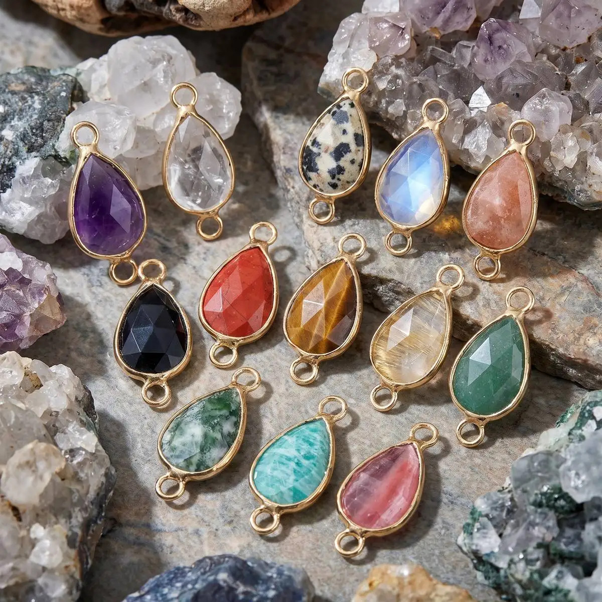 6PC 9x21mmTeardrop Connector Charms Faceted Crystal Double Loops Gold Tone