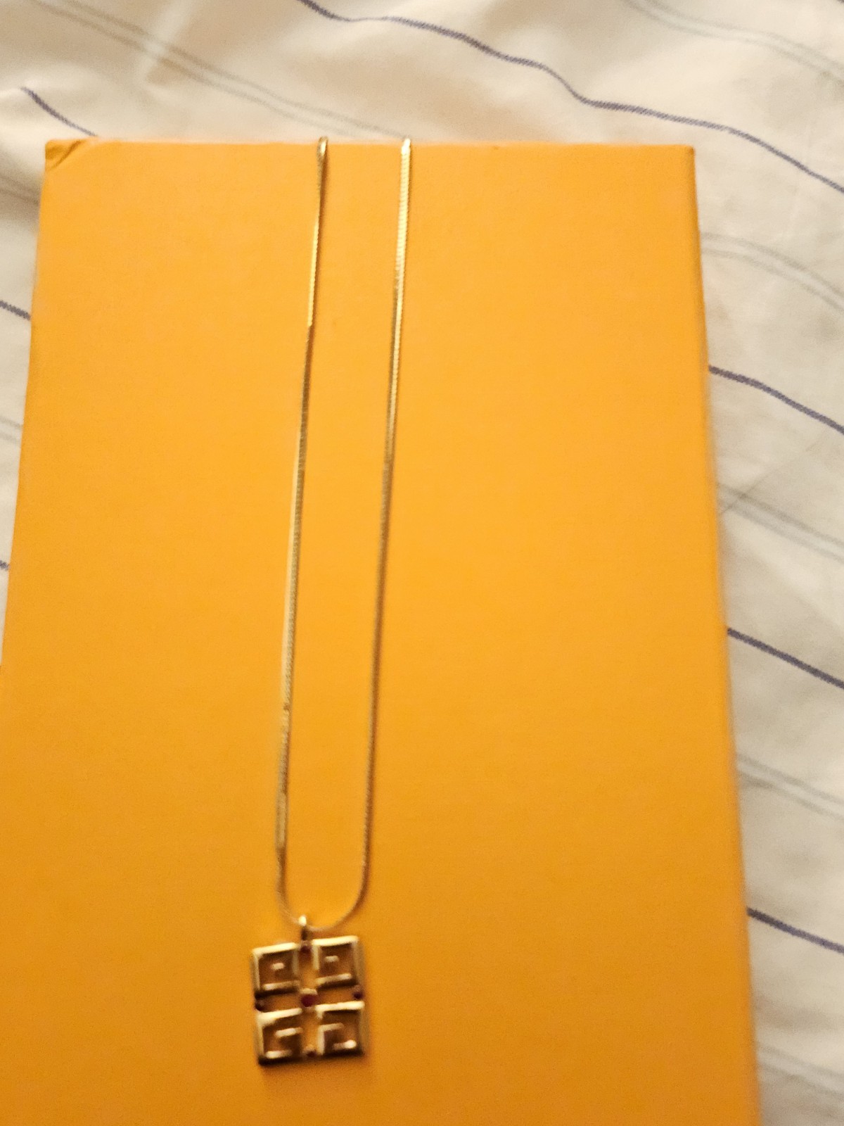 Givenchy Signed Gold Tone Herringbone Chain Square Logo Pendant Necklace