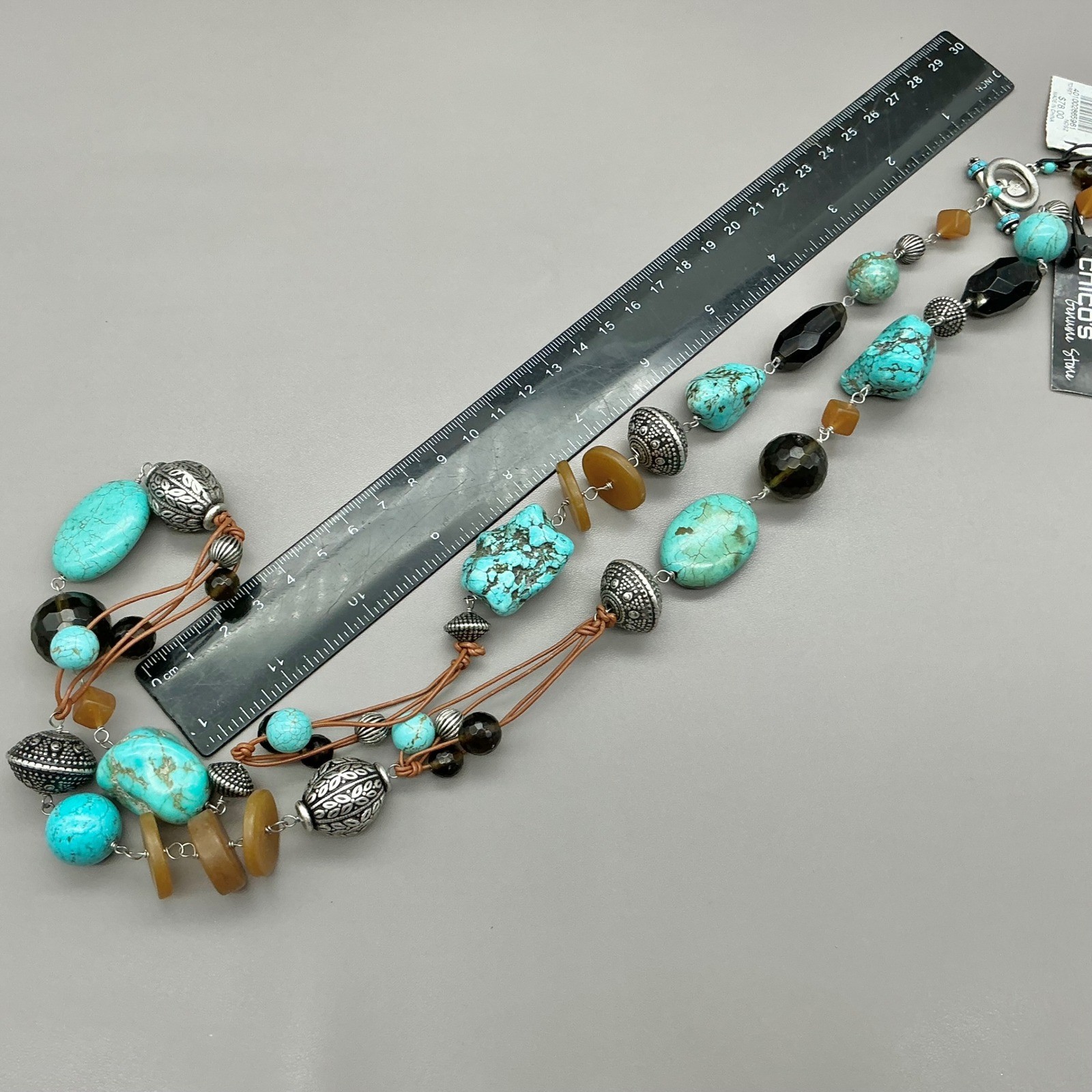 Chico’s Necklace Womens Turquoise Silver Tone Beaded Leather Boho Long 26 Inch