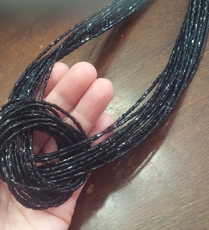 Twisted Black Glass Seed Beads Cluster Layered Multi Strands Layer 21″ Necklace