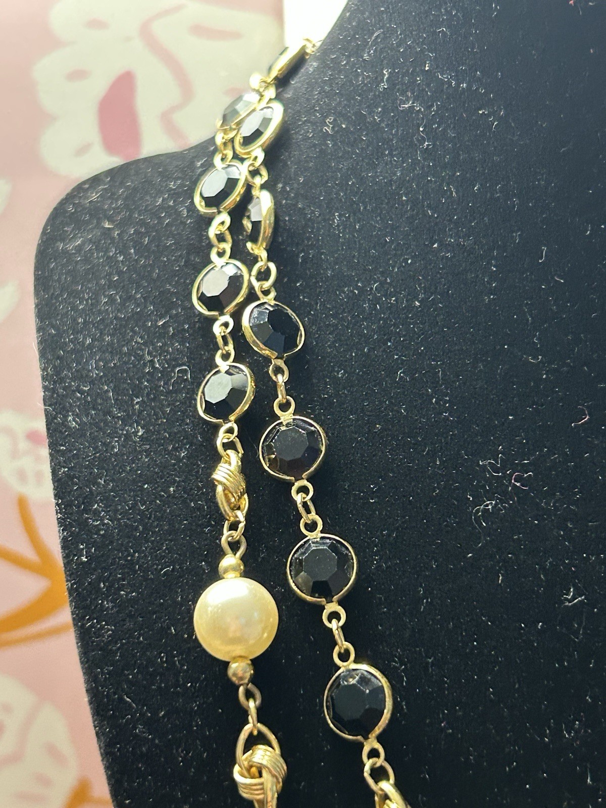 Vintage Swarovski Crystal Link Necklace Simulated Pearls Black Glass Bezel