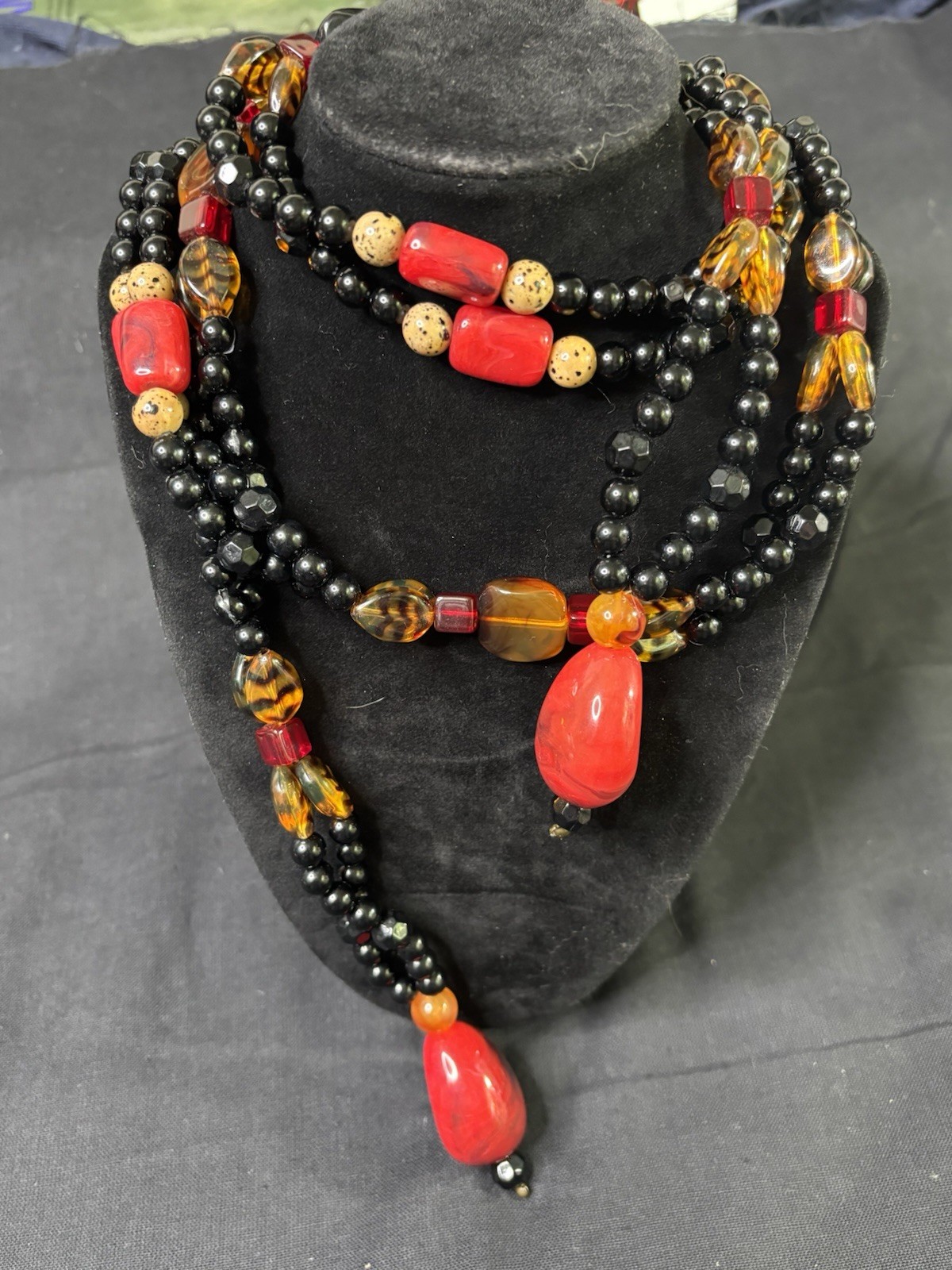 Angela Caputi 62” Tribal Style Single Strand Red, Black And Amber Bead Necklace