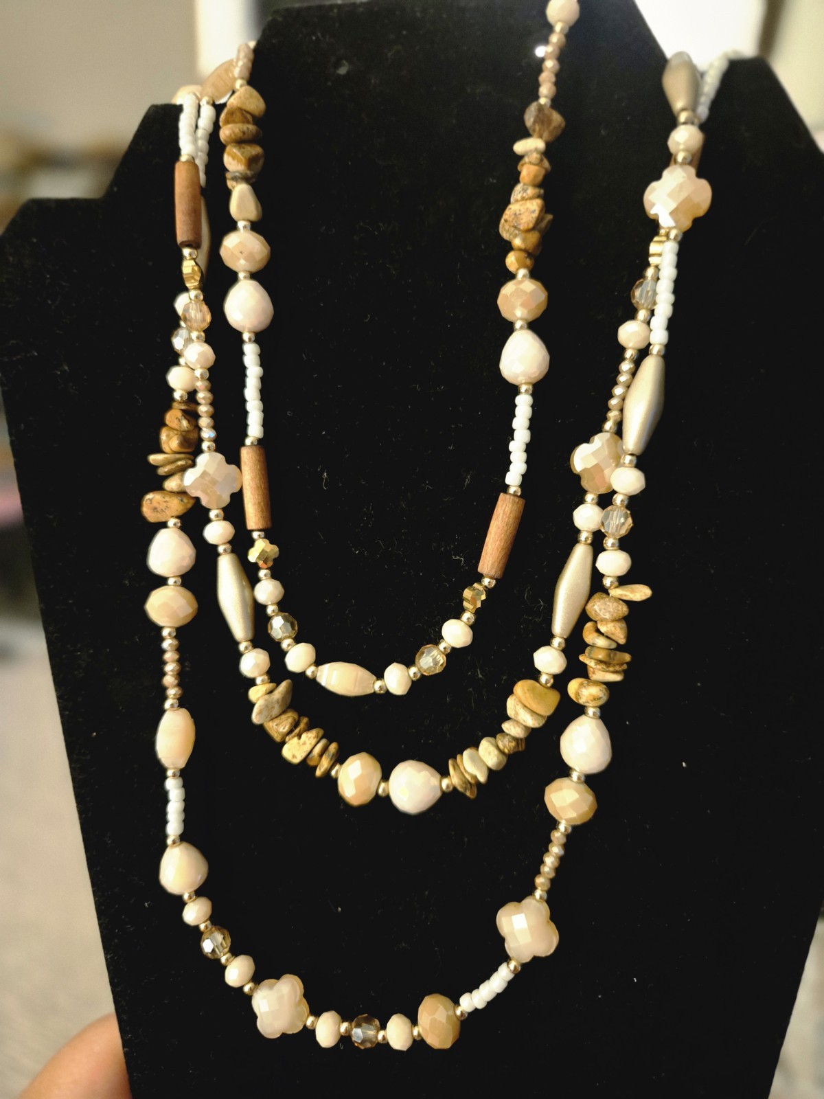 Layered Multi-Strand Beaded Necklace Beige White Gold Tone, Lobster Clasp