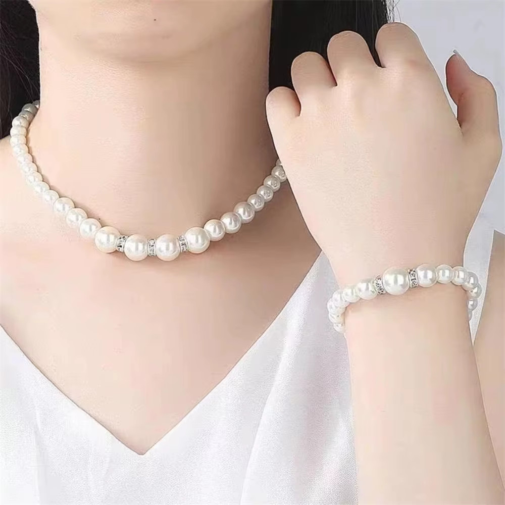 Pearl Jewelry Set – Necklace, Bracelet & Earrings – Simulated Pearls Jewelry