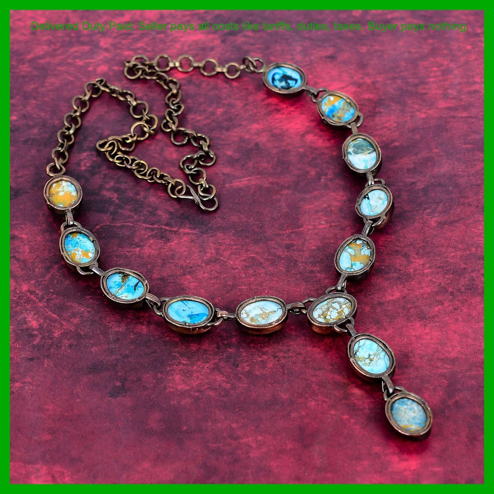 Copper Tibetan Turquoise Gemstone New Electroformed Bezel Chain Necklace Jewelry