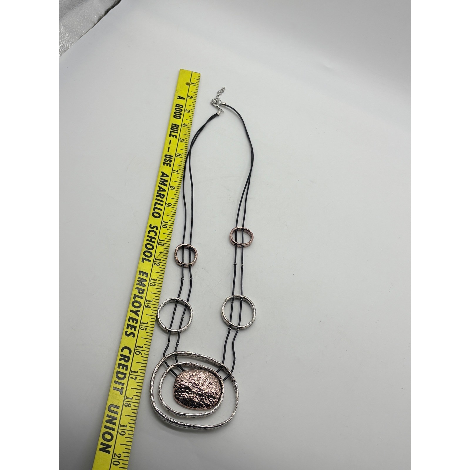 Mixed Metal Hammered Geometric Statement Necklace Silver Copper Tone Black Cord