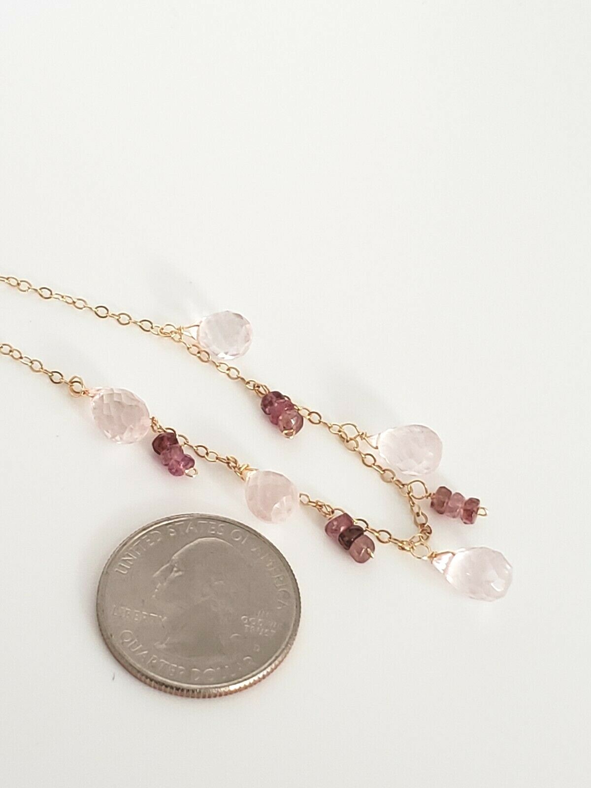 14k Yellow Gold Filled Rose Quartz and Pink Tourmaline Chain Necklace 16″ – 18″