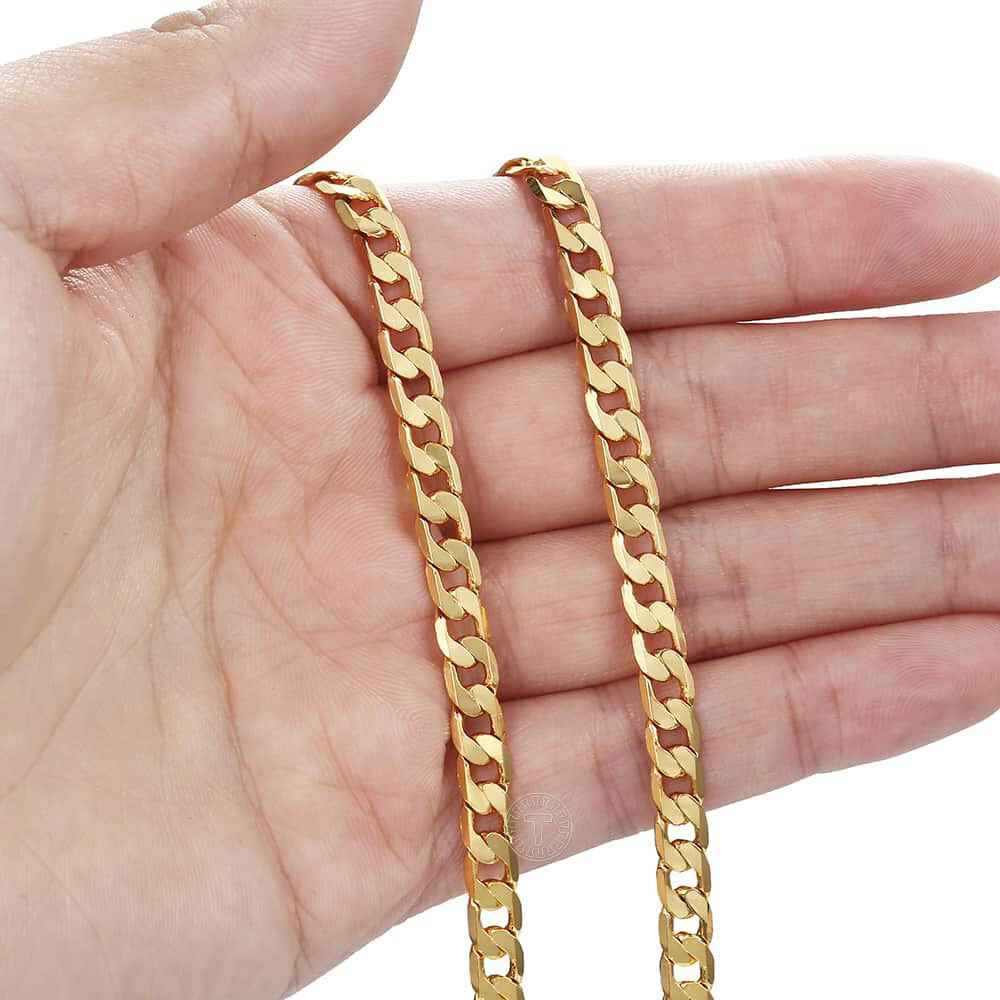 5mm Male/Female Chain Cut Flat Curb Cuban Link Yellow Gold Plated Necklace 18-24