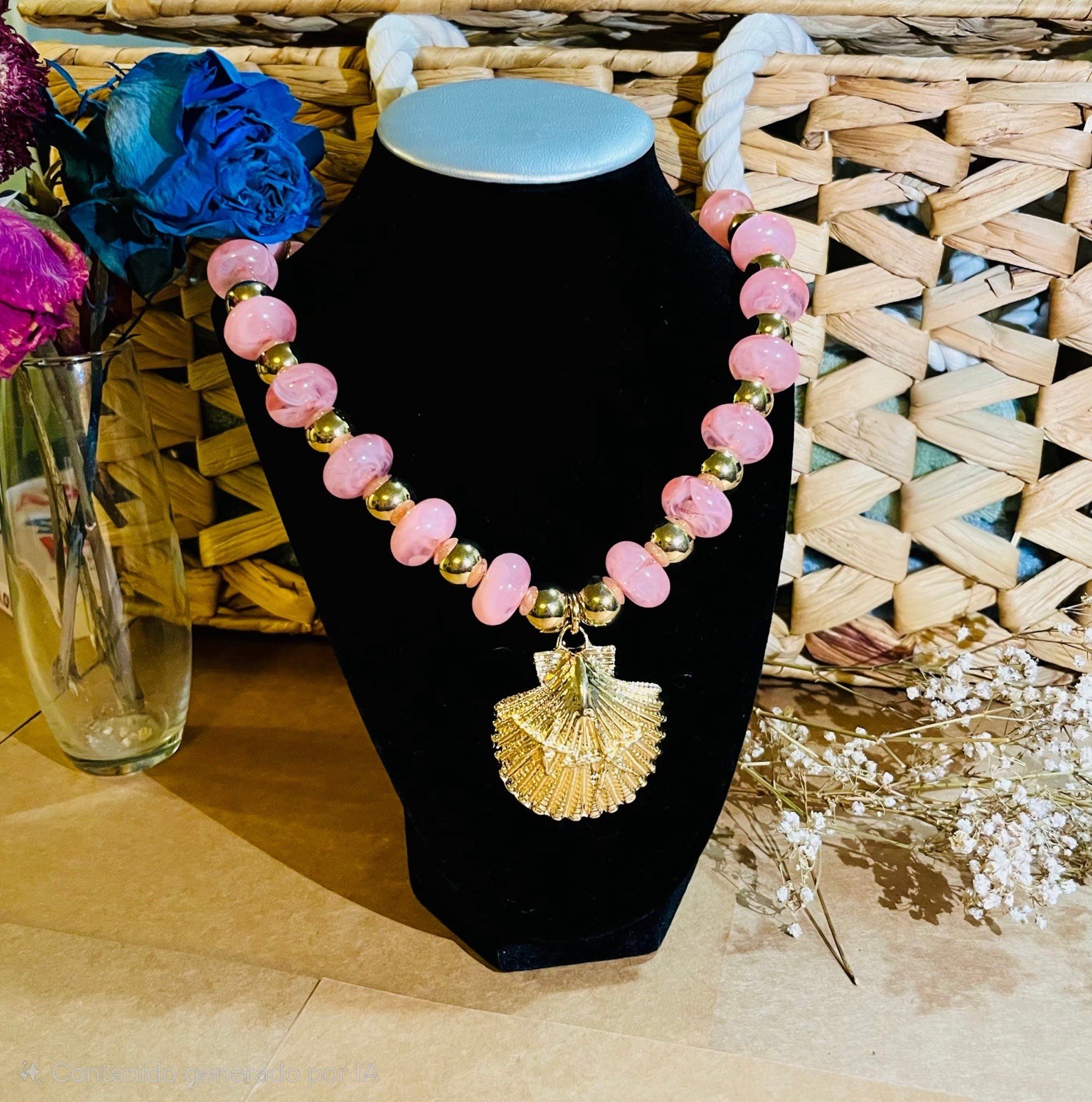 Pink Beaded Ball Chain Necklace w/ Gold Tone Shell Charm Pendant and Earrings