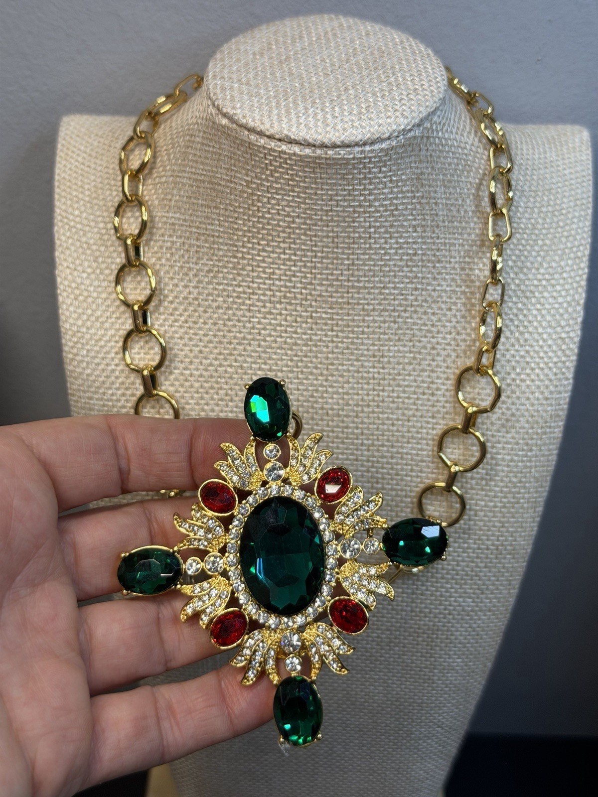 Journie Gold Tone Link Chain Cross Pendant Necklace Green Red Crystal Signed