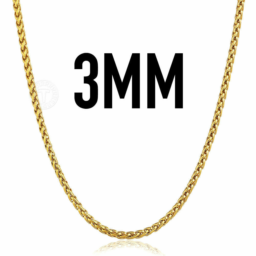3mm Unisex Gold Plated Stainless Steel Wheat Spiga Chain Necklace For Women Men