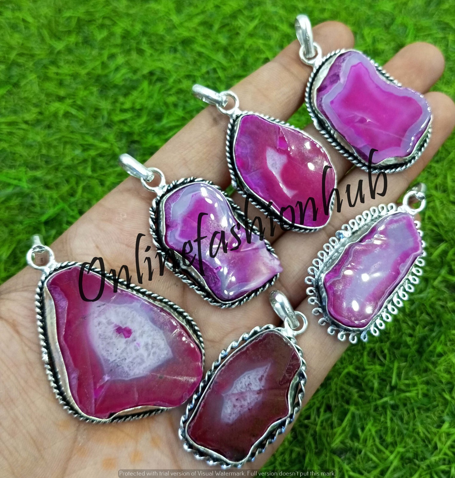 Pink Slice Agate Gemstone 925 Silver Plated Wholesale Lot Pendants For Birthday