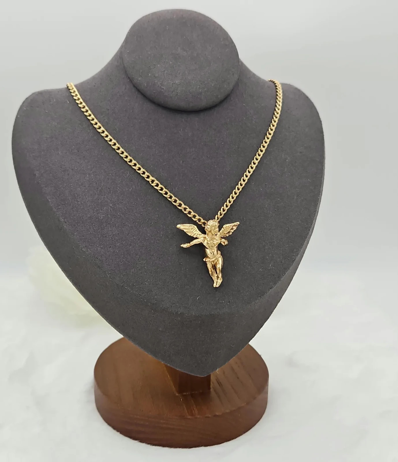 Gold Medium Sized Angel, 14K Heavy Plated Gold, 3mm Curb Chain, Unisex