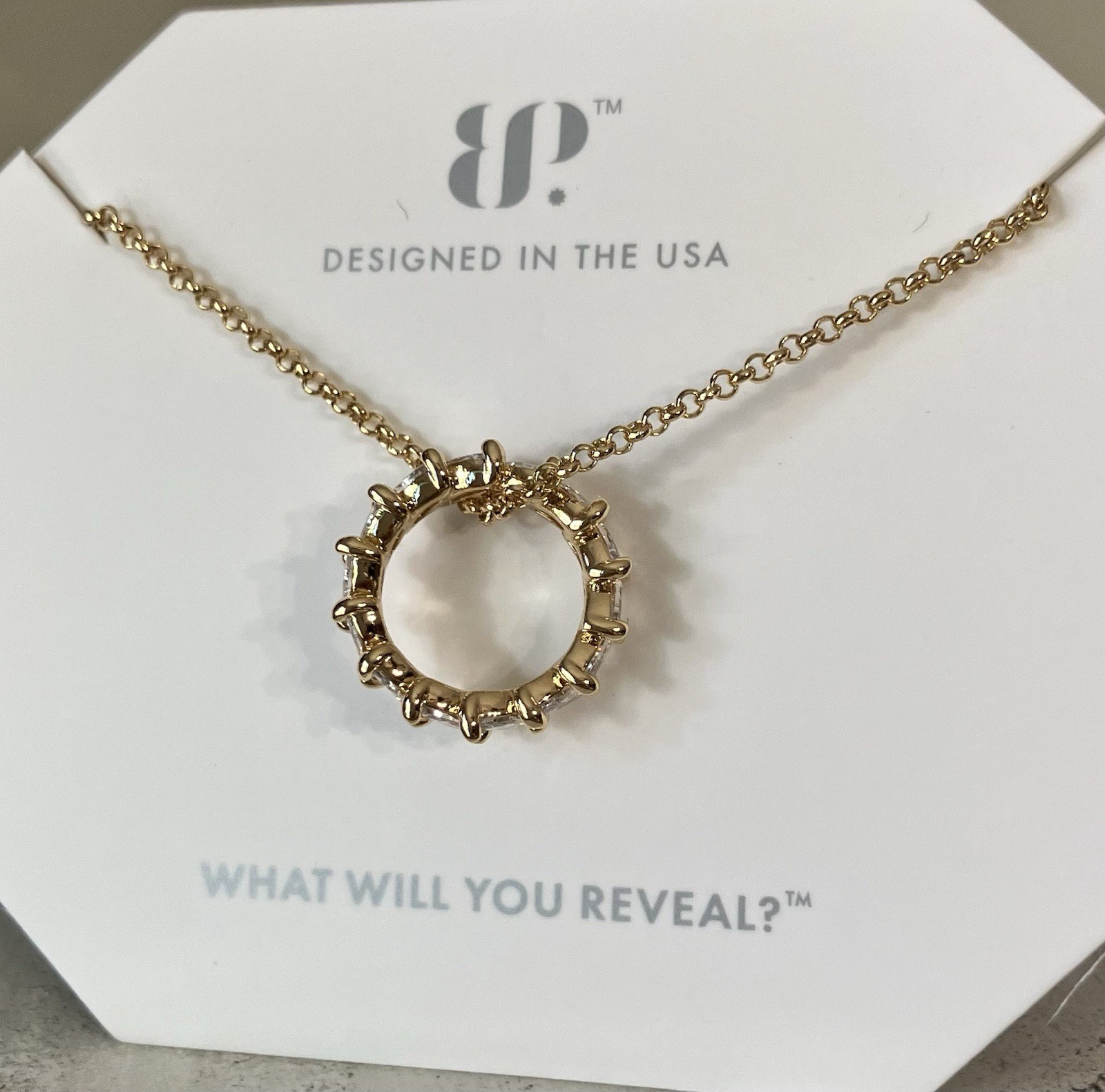 Bomb Party OG Necklace STUNNING DETAILS Diamond CZ Ring Band, Gold Chain NK75064