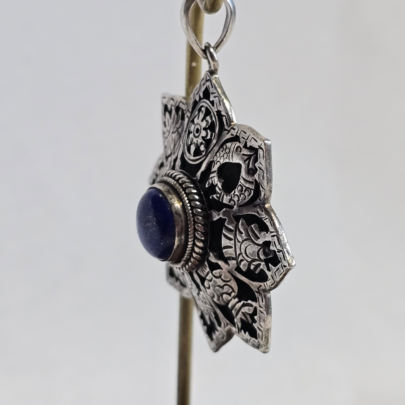 Sterling Silver Pendant 14.93g Jewelry Lapis Look Nepal Symbols Charm *READ*