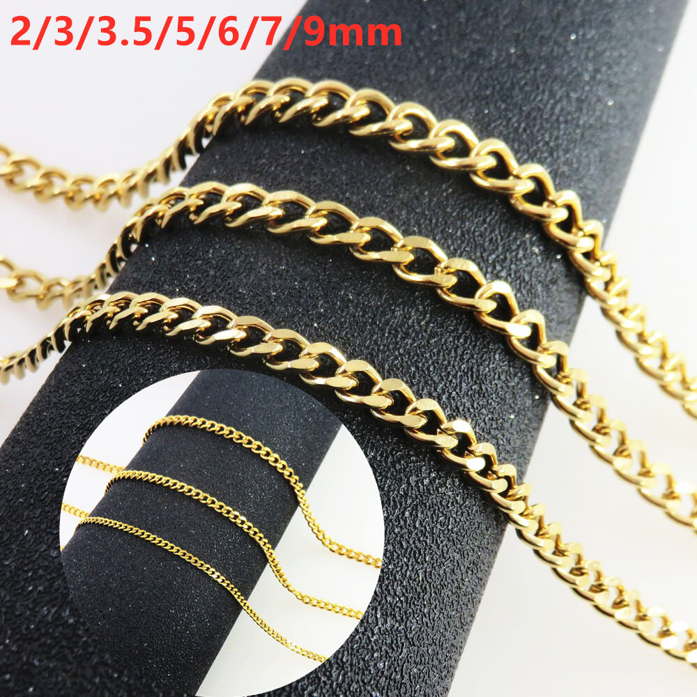 Woman Man 2-9mm REAL Stainless Steel Gold Plated Curb Cuban Link Chain Necklace