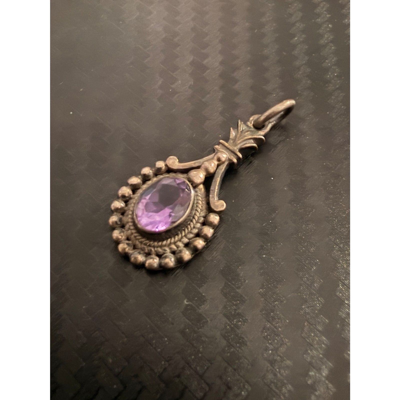 Vintage Sterling Silver with Amethyst Oval Beaded Drop Pendant 3.88g