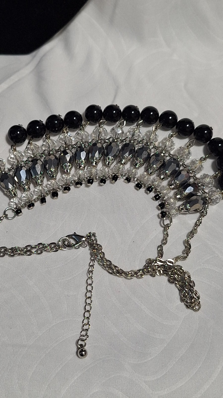 Silver Tone Bib Statement Necklace Clear Rhinestone Crystal & Black Bead Fringe