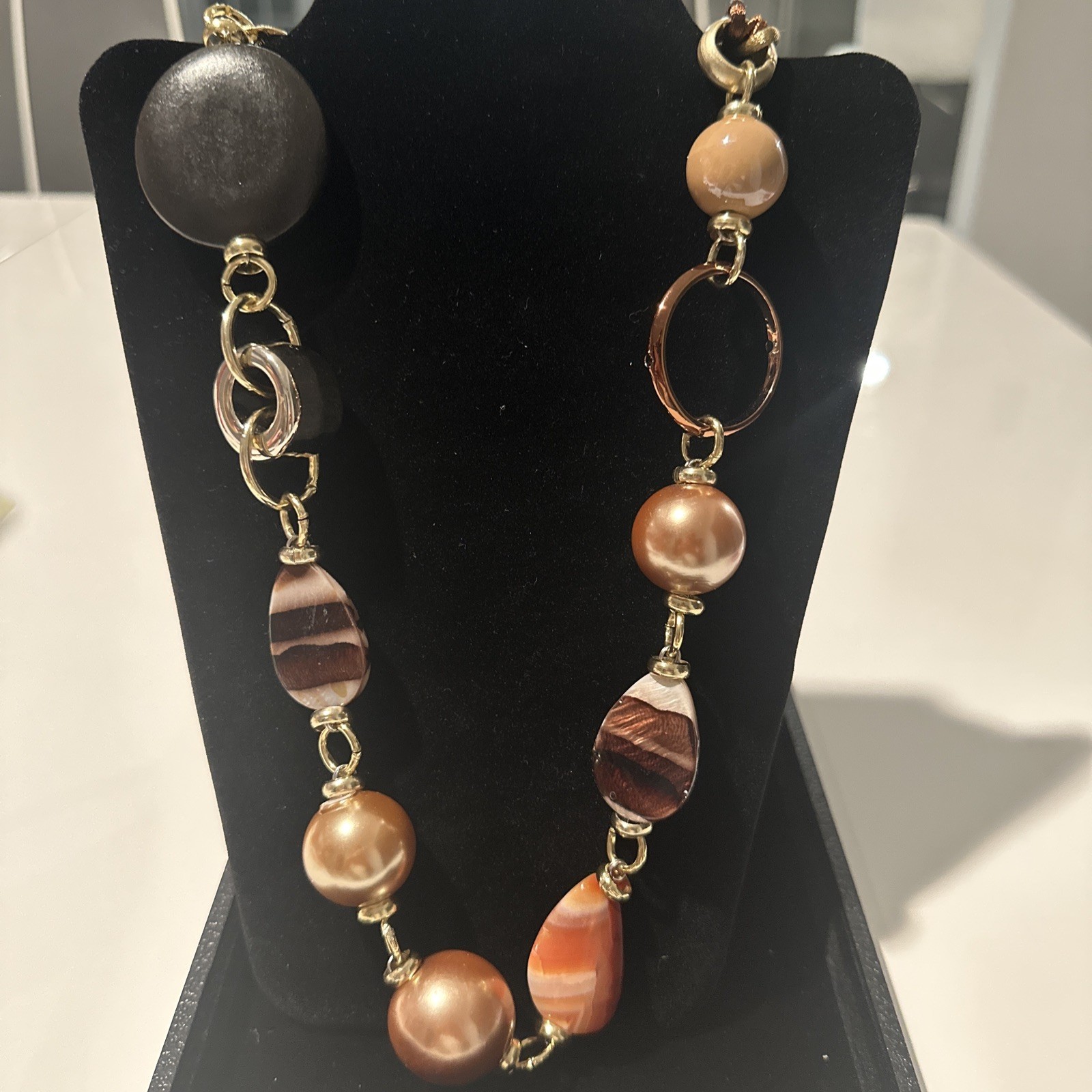 RARE – DIM Italy Handmade Necklace – Peach Pearls- Silver Links – Gold Rings