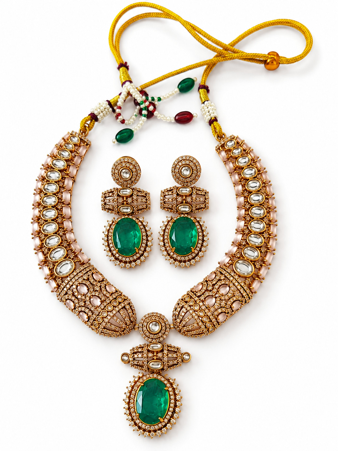 Indian Kundan Necklace Set Green Pendant Earrings Gold Plated Bridal Jewelry 101