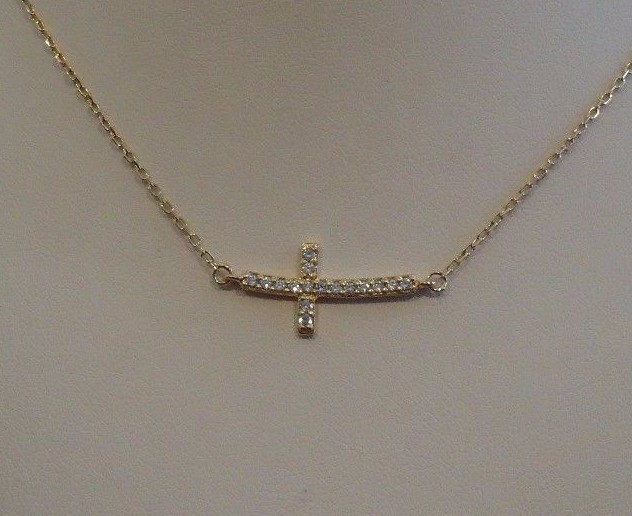 SIDEWAYS CROSS NECKLACE PENDANT W/ LAB CREATED DIAMONDS 925 STERLING SILVER
