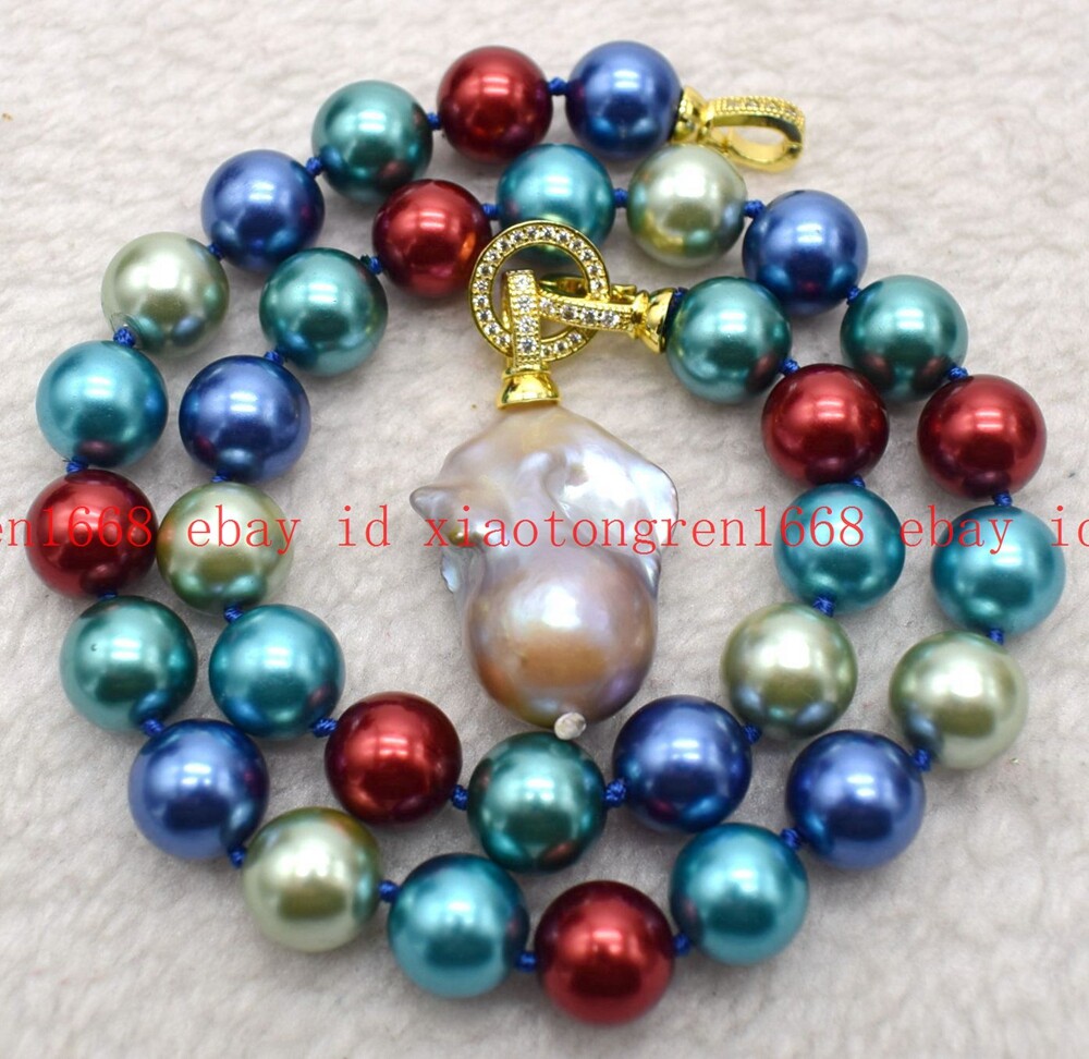 Fashion 12mm Multicolor Shell Pearl & Baroque Pearl Pendant Necklace 16-24in