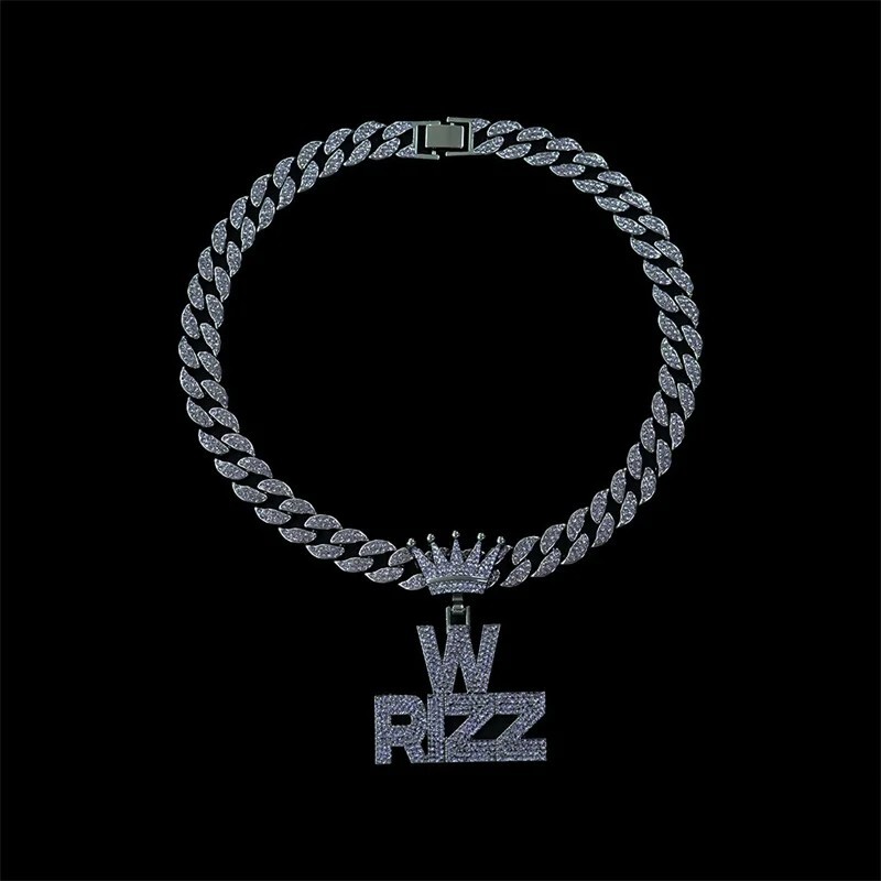 Iced W Rizz Crown Pendant Necklace CZ Bling Hip Hop Miami Cuban Link Chain Mens