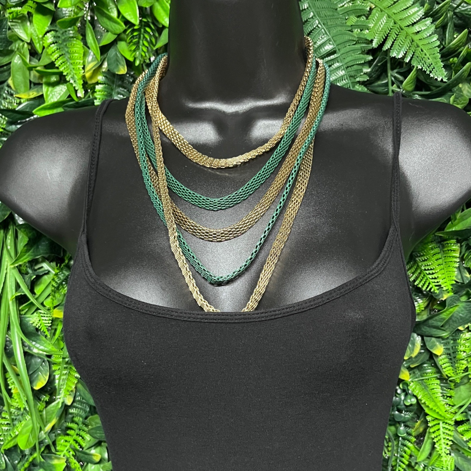 Statement Bib Necklace Multi Strand Mesh Gold Emerald Green Tiered Chain 3817