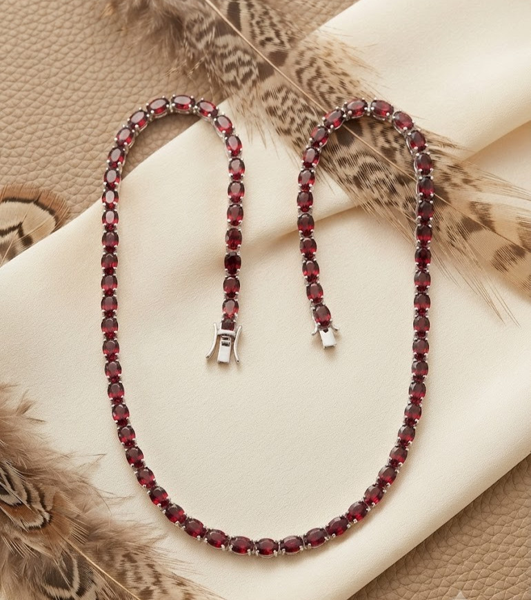 Red Garnet Oval Stone Tennis Necklace For Women In 925 Sterling Silver Jewelry