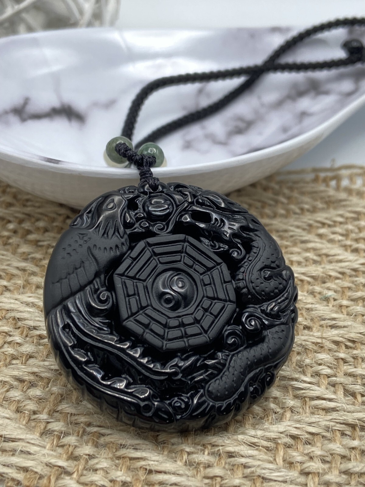 Jade Obsidian Dragon Charm Pendant Necklace Beads Cord Handmade Tai Chi diagram