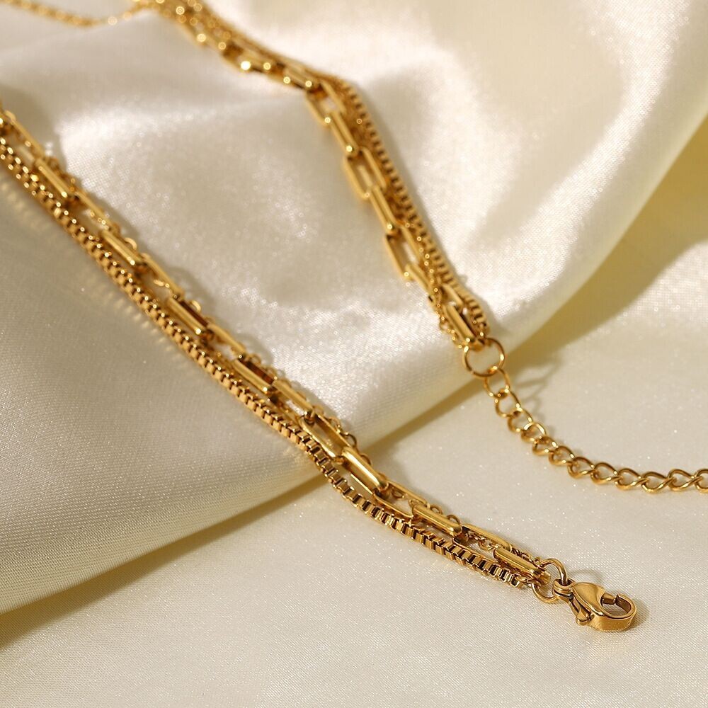 Woman 18K Gold Plated 3 Layer Paper Clip Box Chain Necklace Rolo Link