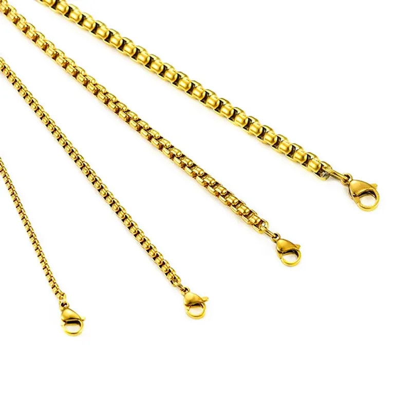 Square Rolo Gold Color Plated Round Box Chain Stainless Steel Necklace For Women