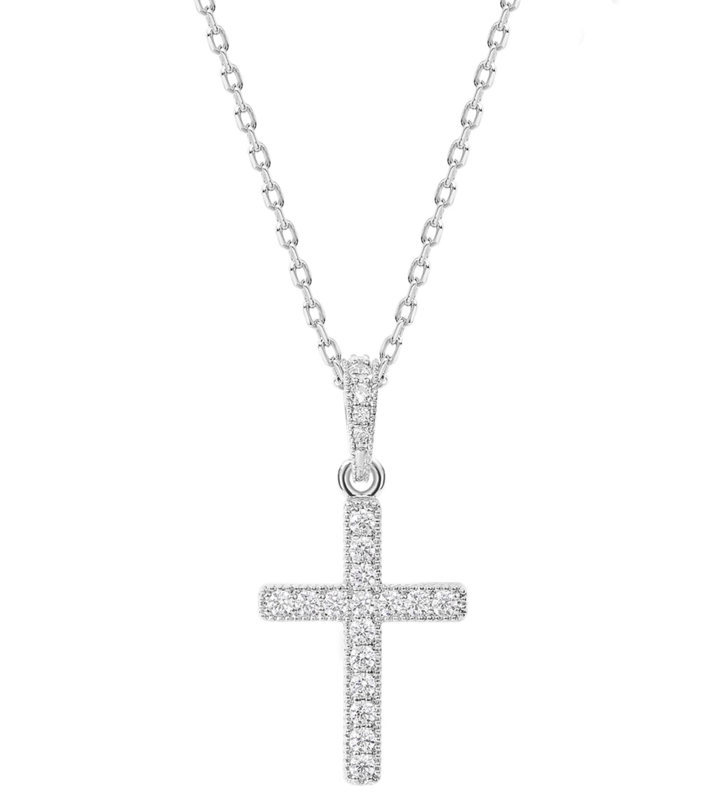 PAVOI CZ Cross Pendant Layered Necklace for Women, 17mm x 13mm, White Gold