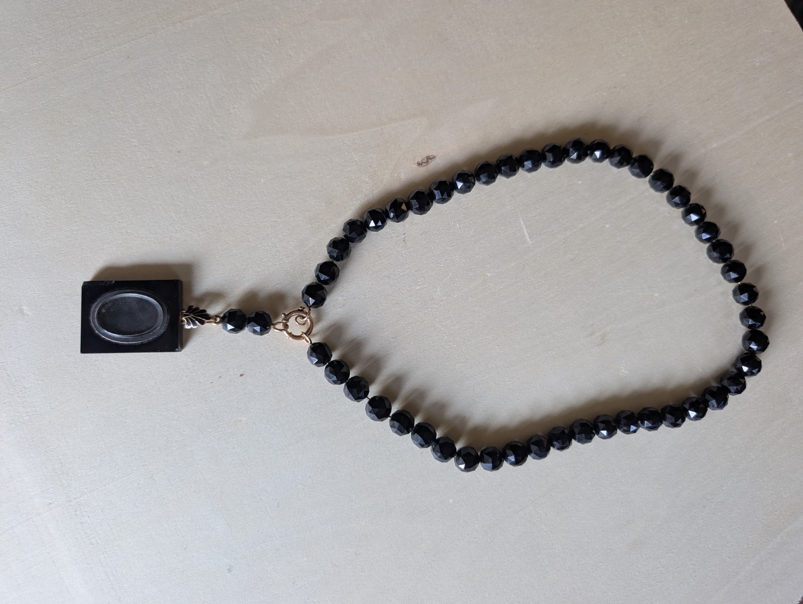 Black Glass Mourning Necklace with Square Pendant From Charleston South Carolina