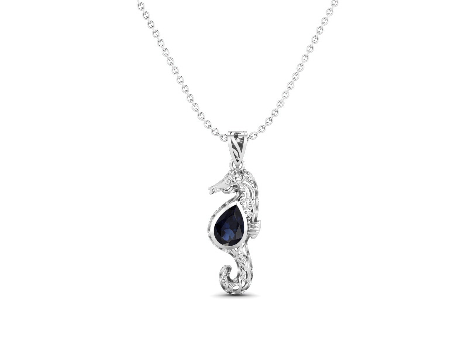 10x7MM Pear Shape Blue Sapphire 925 Sterling Silver Seahorse Fish Women Necklace